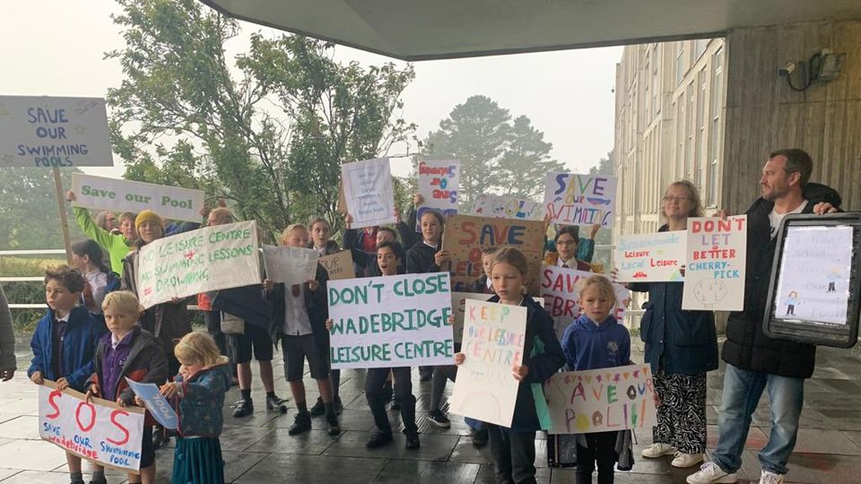 leisure centre protest outside County Hall in Truro
