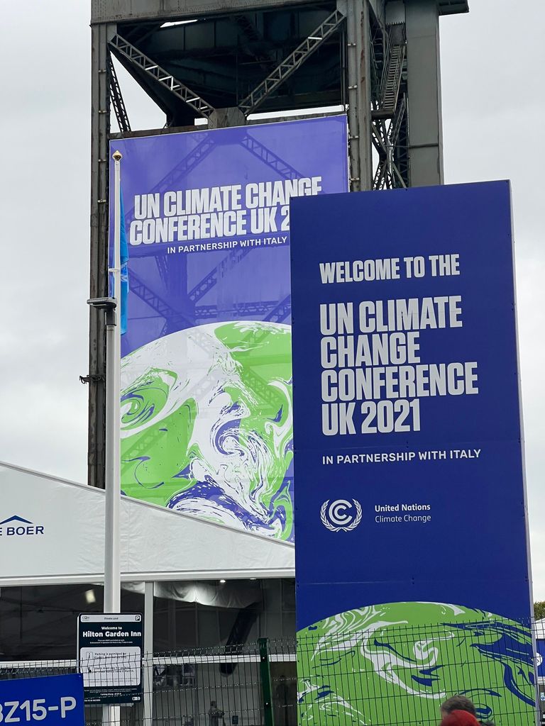 Cop26 branding at the entrance to the SEC
