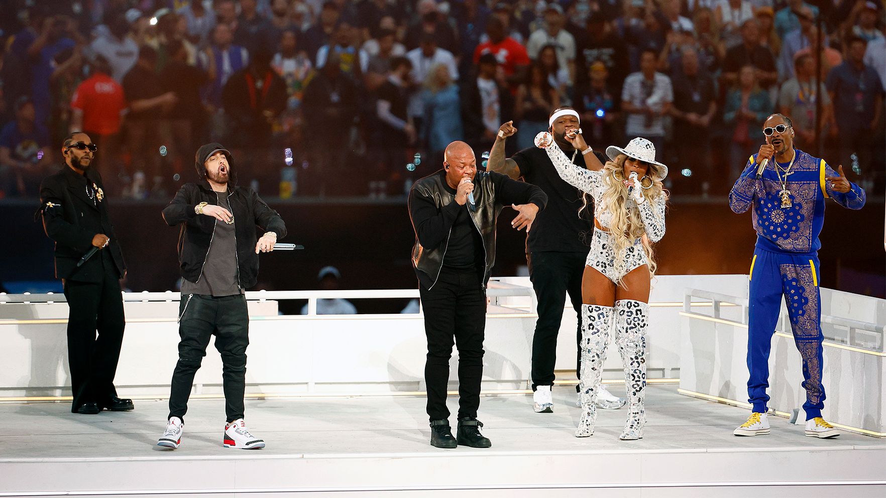 Super Bowl LVI Halftime Show: Kendrick Lamar, Eminem, Dr. Dre, 50 Cent, Mary J. Blige, and Snoop Dogg.