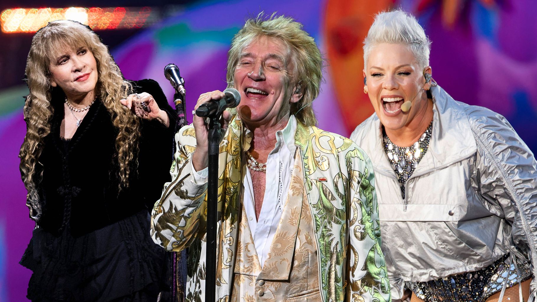 Collage photo of Stevie Nicks, Rod Stewart and P!nk who all performed at the FireAid Benefit Concerts
