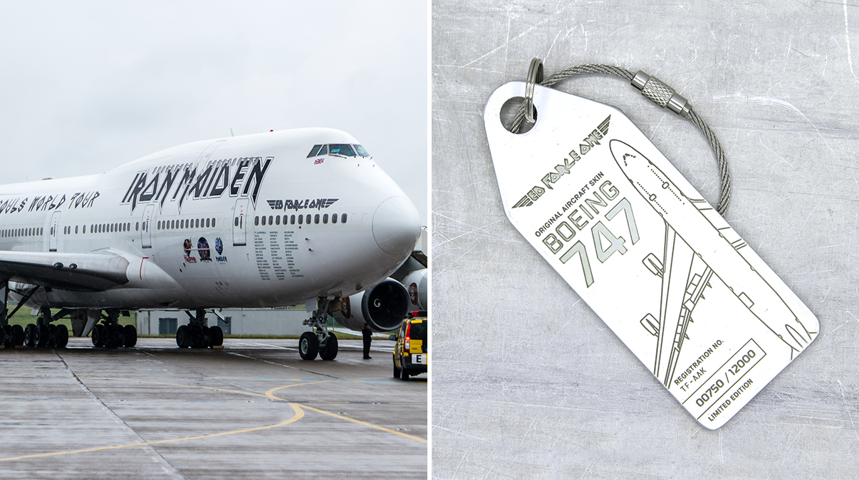 Luggage tags made from Iron Maiden's scrapped Ed Force One