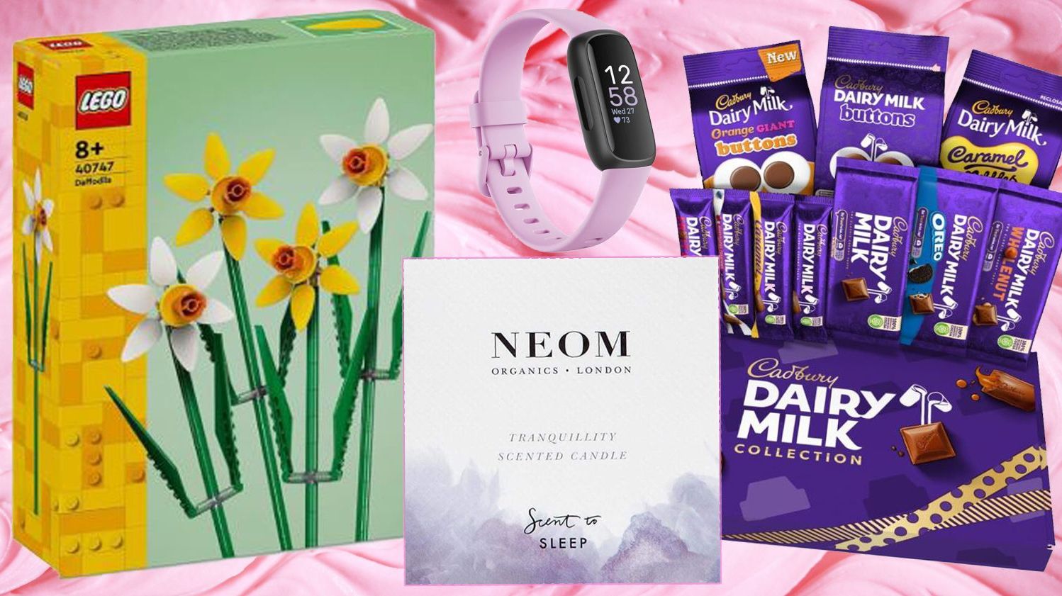 Mother's Day gift ideas including LEGO flowers, NEOM candle, smart watch and Dairy Milk chocolate