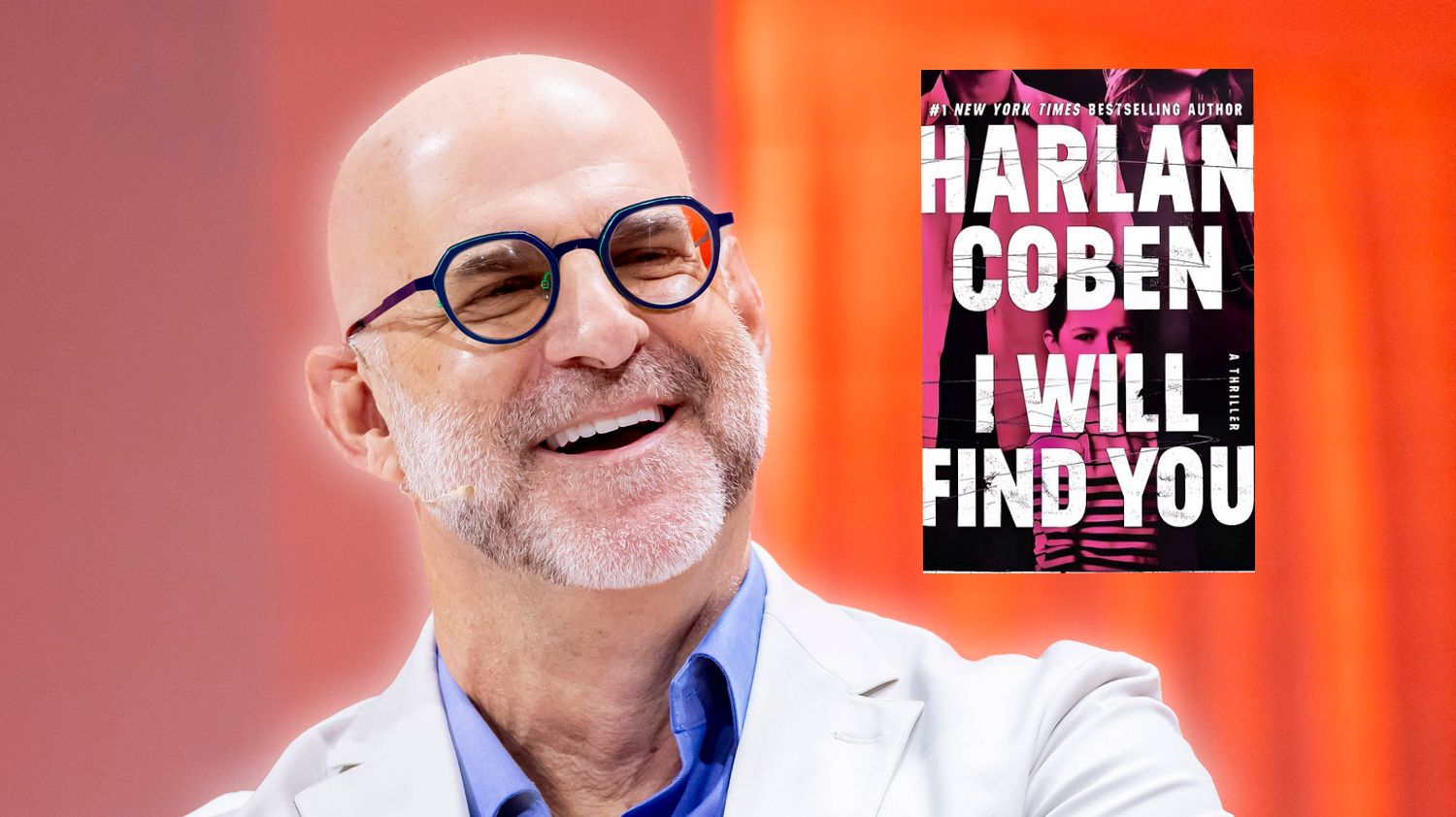 Author Harlan Coben smiling on stage alongside a photo of his 2023 novel I Will Find You
