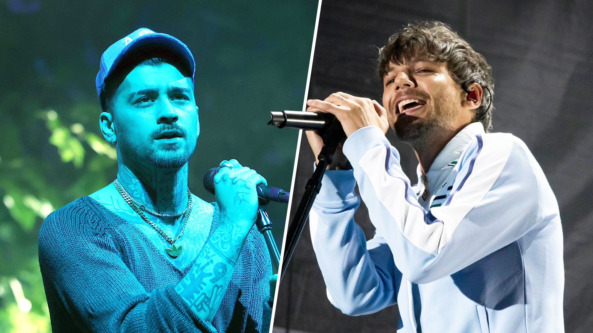Split photo of Zayn Malik and Louis Tomlinson, both performing on stage.