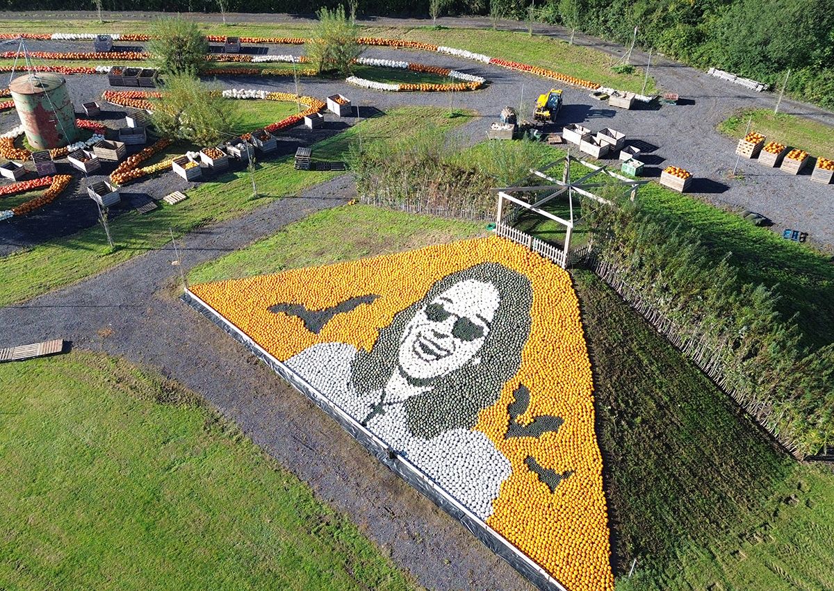 Ozzy Osbourne pumpkin pyramid at Sunnyfields Farm in Hampshire