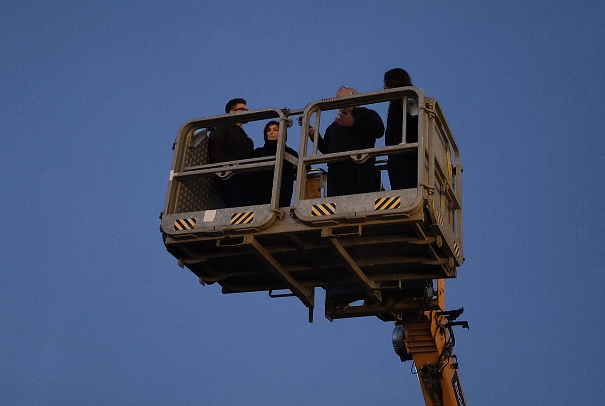 Jack and Sharon Osbourne on a cherry picker at Sunnyfields Farm