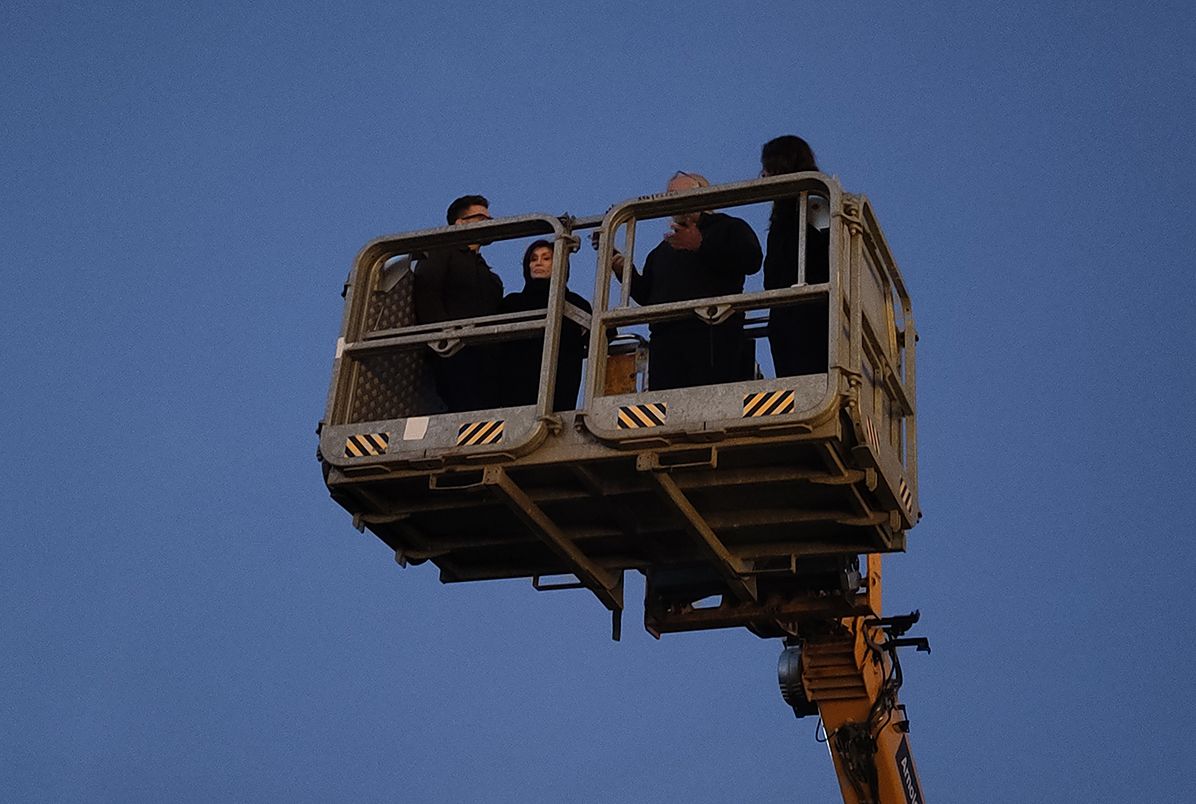 Jack and Sharon Osbourne on a cherry picker at Sunnyfields Farm