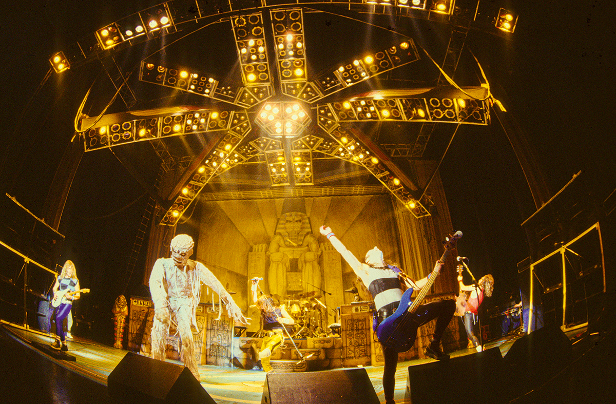 Iron Maiden performing in concert in 1984
