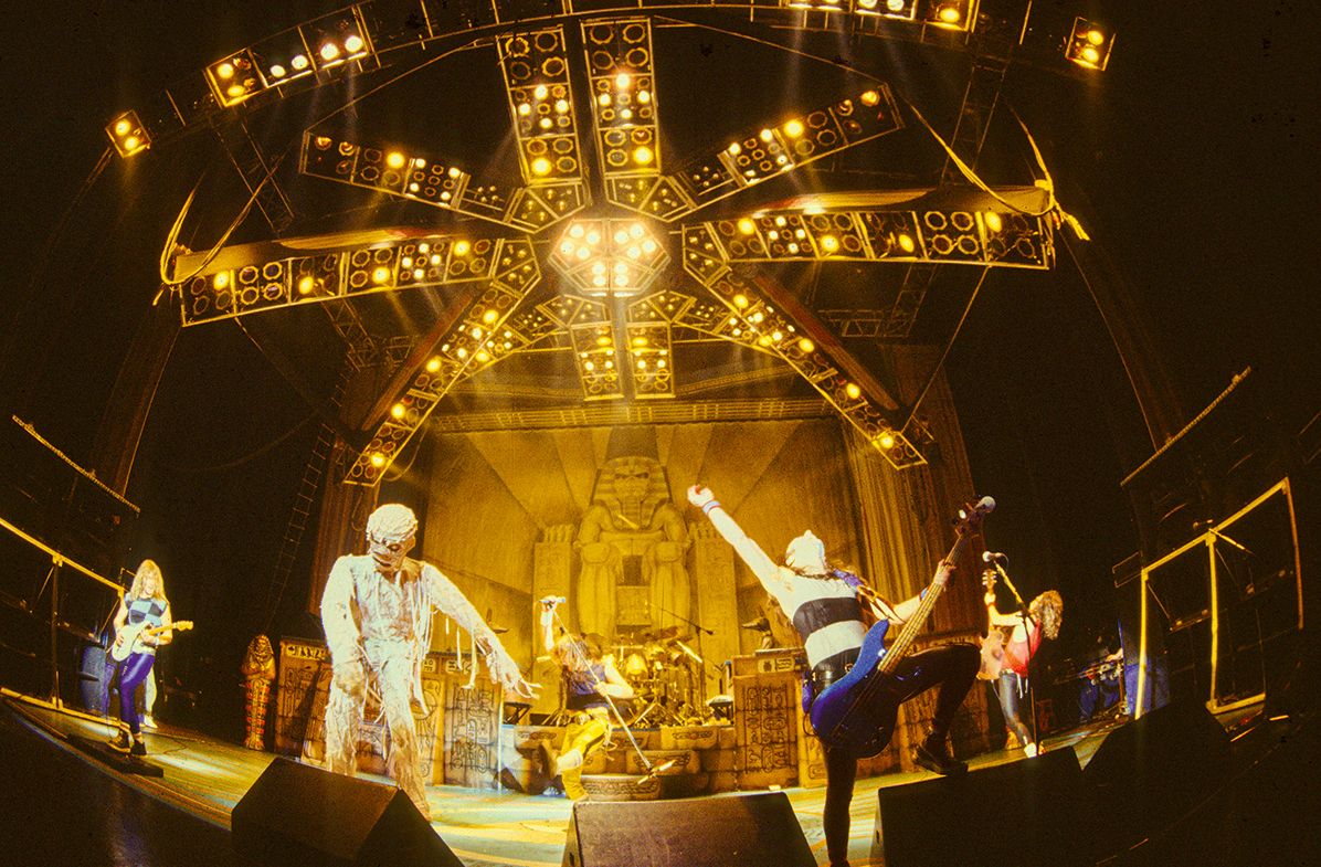 Iron Maiden performing in concert in 1984