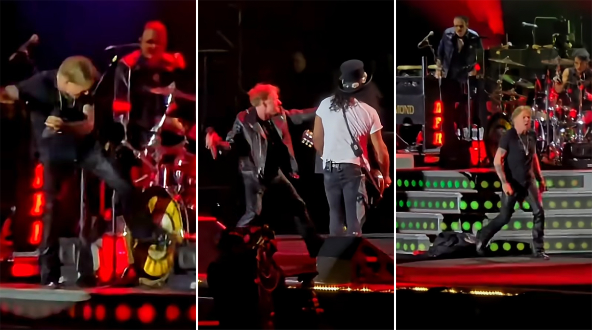 Watch Axl Rose kick drum kit, throw mic and storm offstage at Guns N