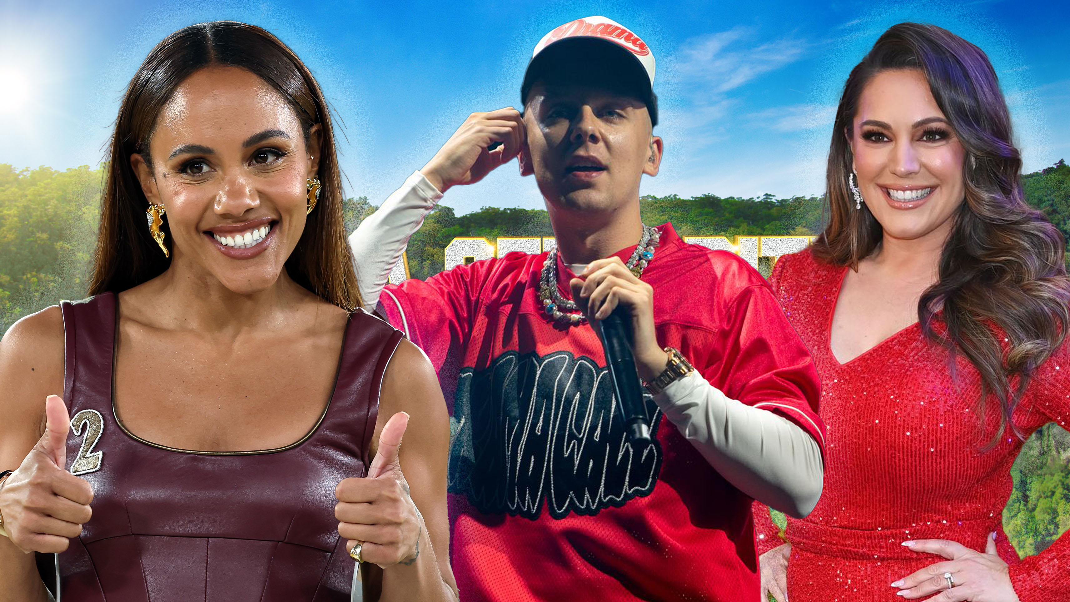 A montage image of Alex Scott, Aitch and Kelly Brook in front of the I'm A Celeb logo