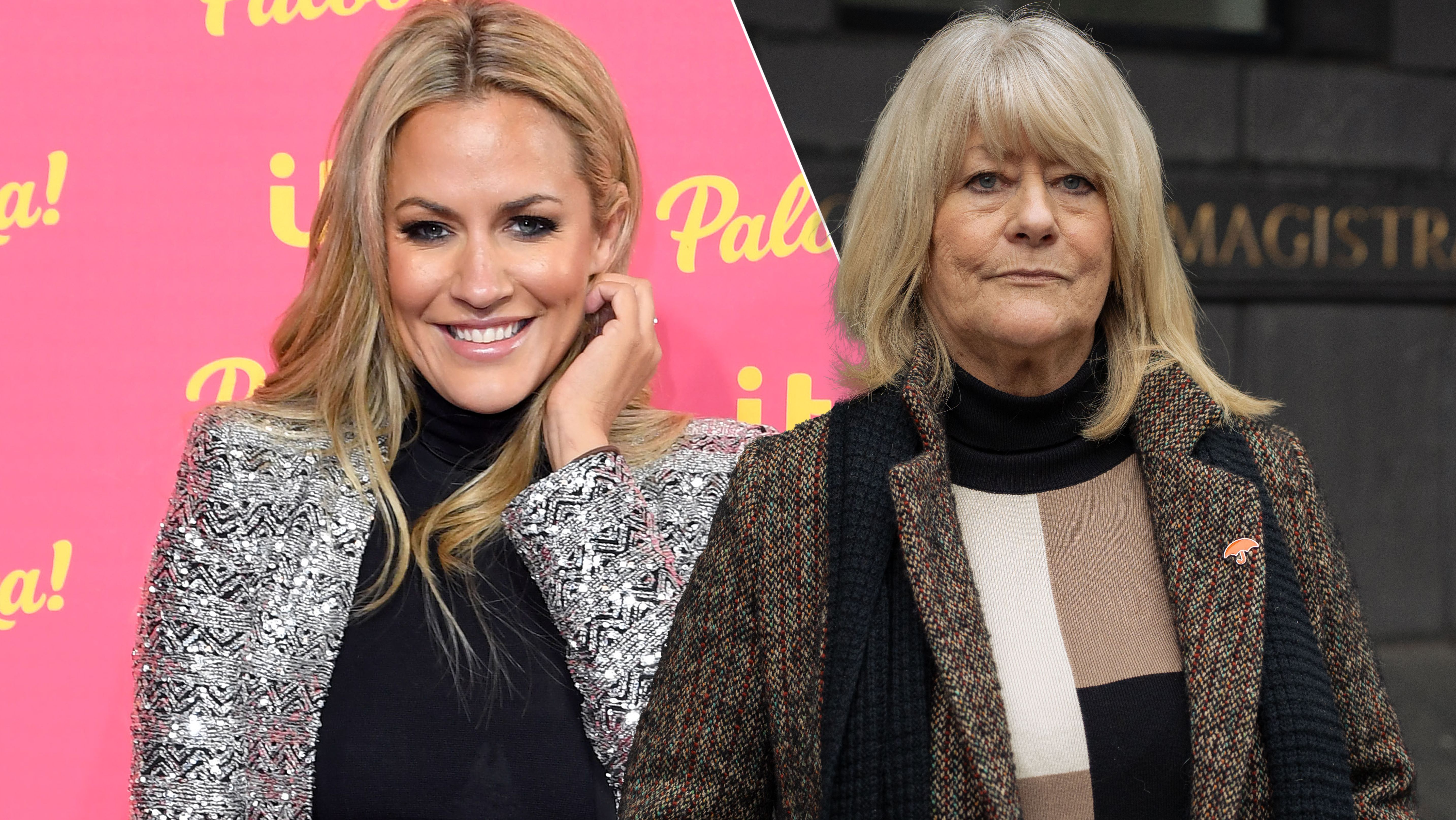 Caroline Flack pictured in 2019 alongside a photo of her mum Christine Flack on Disney+ documentary Caroline Flack: Search for the Truth