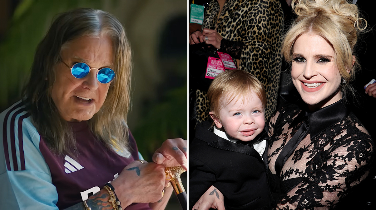 Ozzy Osbourne wearing an Aston Villa top, and his grandson Sidney with mum Kelly