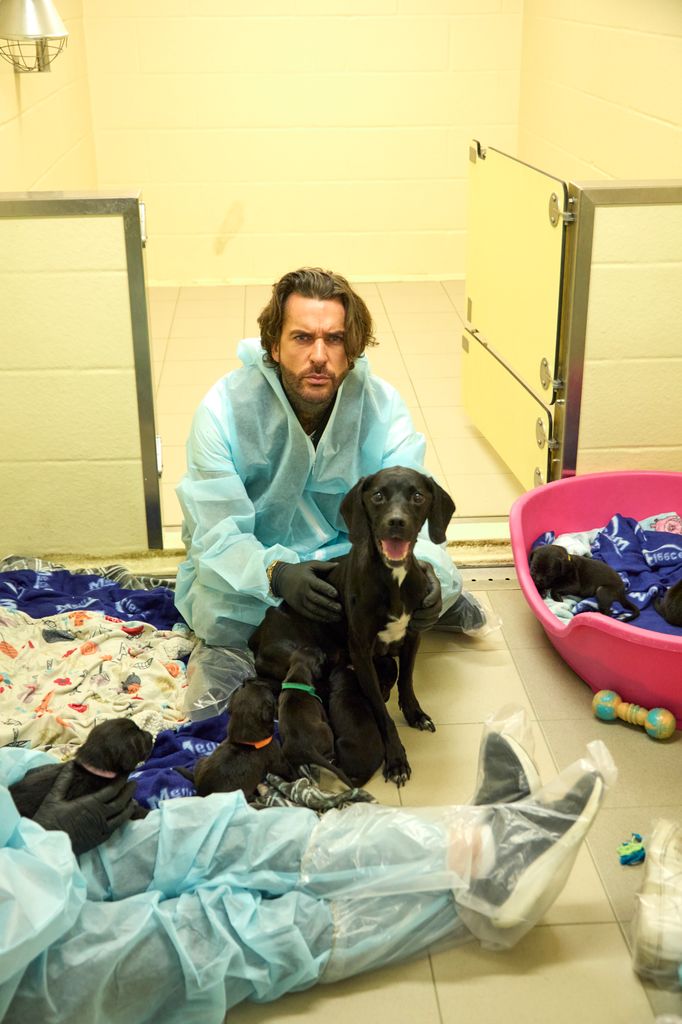 Pete Wicks with a black spaniel and her puppies