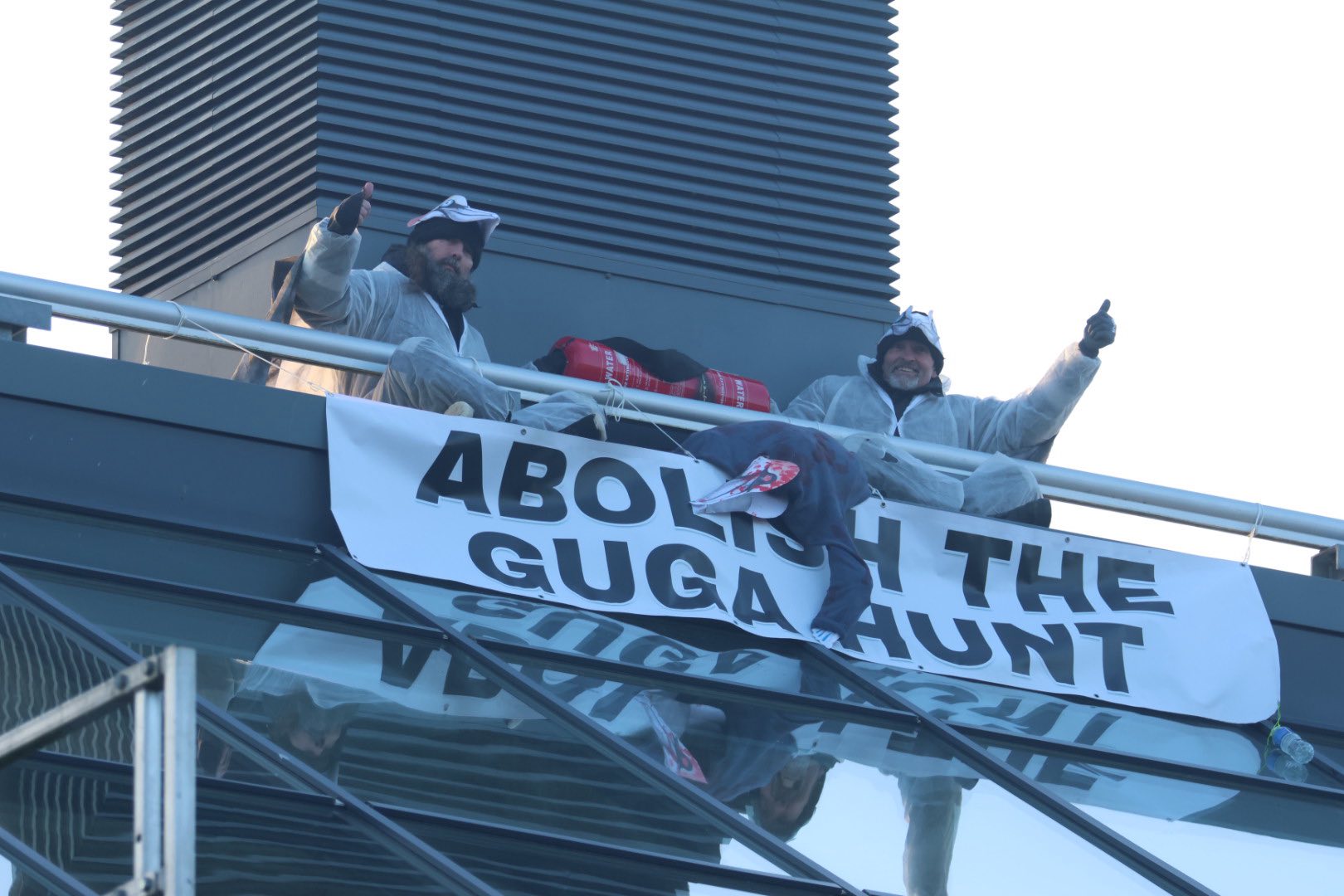 Activists dressed as seabirds stage rooftop protest in Inverness