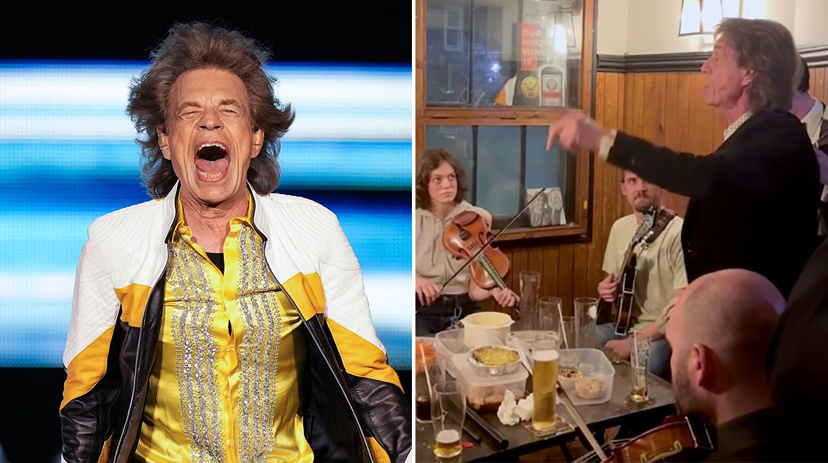 Mick Jagger on stage with The Rolling Stones, and singing in an Oxford pub